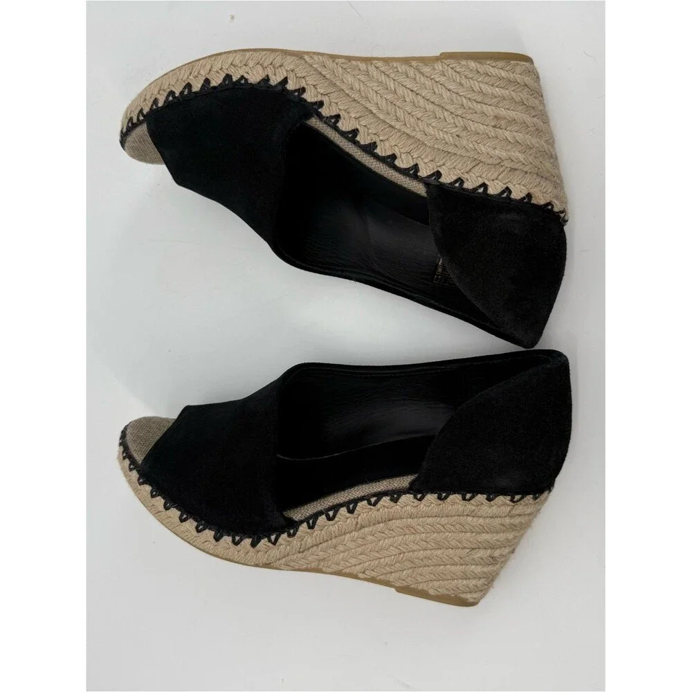 Vince Black Espadrille Wedges Suede Peep Toe Size 7.5M Designer Sonora Cutout